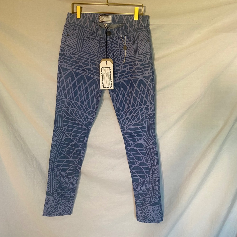 Mary Katrantzou x Current/Elliott Blue Geometric Print Skinny Jeans Size 26 NEW